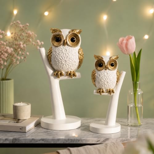 Image of Amazon Basics Majestic Owl Figurine Set for Home & Office Decor | Modern Ceramic Bird Sculpture Showpieces for Living Room, Shelf, Study Table & Entrance Styling (White & Gold, Set of 2)