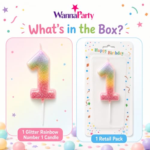 Image of Wanna Party Glitter Colorful 1st Birthday Candle, Number 1 Cake Candle Cake Toppers for Girl Women, Glitter Colorful Themed Party Decorations Supplies Birthday Gifts
