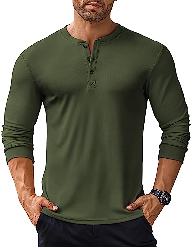 COOFANDY Men's Long Sleeve Henley Shirts Stretch Ribbed T-Shirts Fashion Casual Basic Tops Army Green