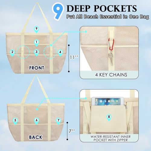 Image of Fammart Mesh Beach Bag for Women, Large Beach Toy Pool Bag with Zipper Pocket, SandProof Cruise Essentials 2026 Family Travel