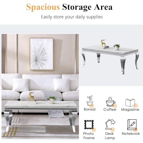 Image of Luxury Marble Coffee Table, Premium White Faux Marble Top, Silver Stainless Steel S Legs, 47 inch Rectangular Living Room Center Table, Modern Coffee Tables for Living Room, Apartment, Home Decor
