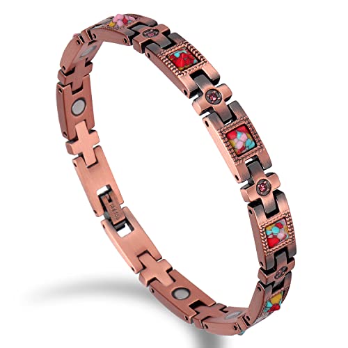 Auinz Colorful Stone Crystal Pure Copper Bracelet for Women Healing Magnetic Therapy Relief Arthritis Pain Carpal Tunnel Women Adjustable Bracelet (Colorful Stone)