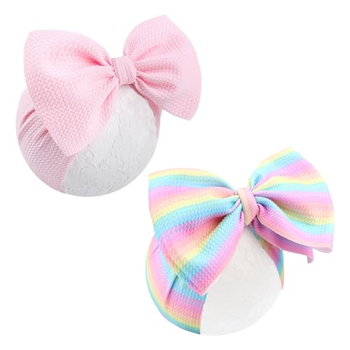 ONENINEDREAM Rainbow Headbands for Baby Girls Hair Bows 2pcs Newborn Infant Toddler Kids Hair Accessories Pink Head Bow Colorful Stripes