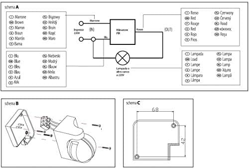 Wiring diagram for the Velamp MS002 motion detector, showing connections for Live, Neutral, and Load.
