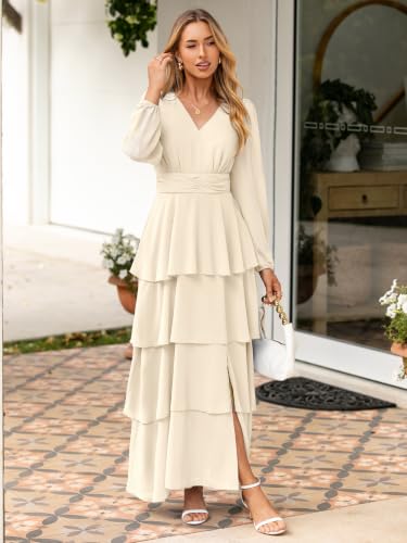 BerryGo Women's Chiffon Maxi Dresses A Line Long Sleeve High Waisted Tiered Swing Holiday Vacation Semi Formal Dress(Apricot,Large) — view 2