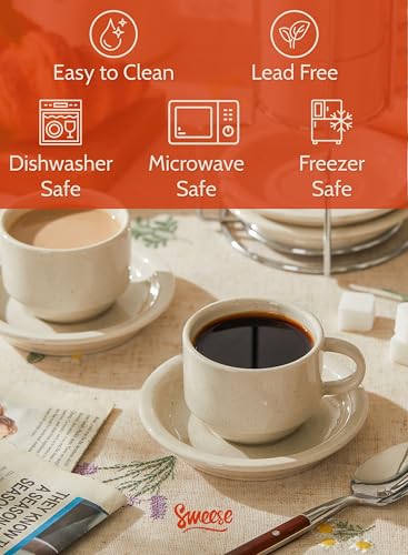 Image of Sweese Porcelain Espresso Cups Set, 2.5 oz, with Saucers, Metal Stand, Stackable - Dove Grey, 4 Pack