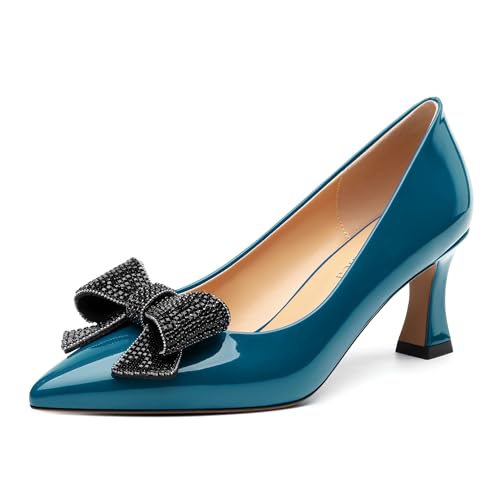 Image of Heels for Women Closed Patent Pointed Toe Bow Pumps Slip on Kitten Low Heels Wedding Party Dress Office Shoes 2.5Inch