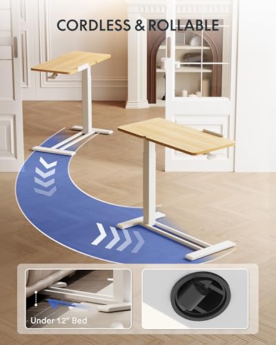 Image of FLEXISPOT Adjustable Height C-Shaped End Table with Split Tilting Top - Mobile Side Table for Sofa & Bedside, Slides Under Furniture, Hidden Wheels for Small Spaces(31.6 inch W x 15.7 inch D,Maple)