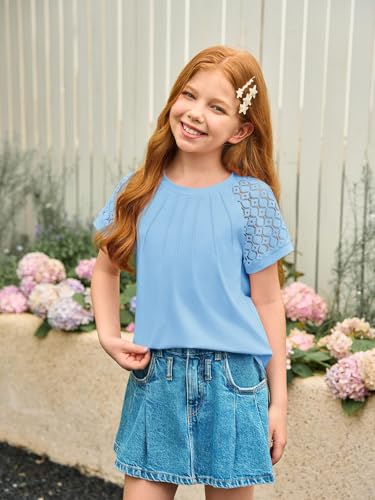 Image of Girls Pleated T Shirts Kids Fashion Lace Sleeve Summer Tops Casual Crewneck Blouse 5-14 Years