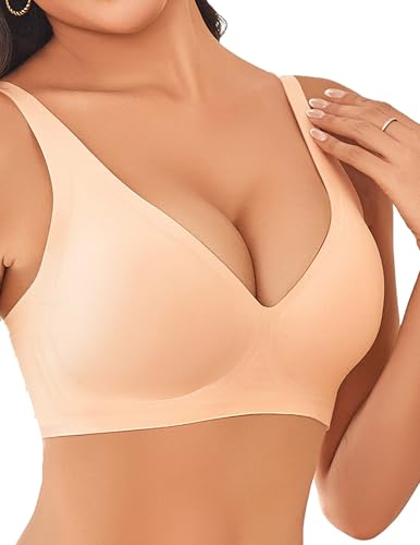 Avidlove Wireless Bras Full Coverage Seamless Comfort Colors Tshirt Bras for Women No Underwire with Padded Beige M