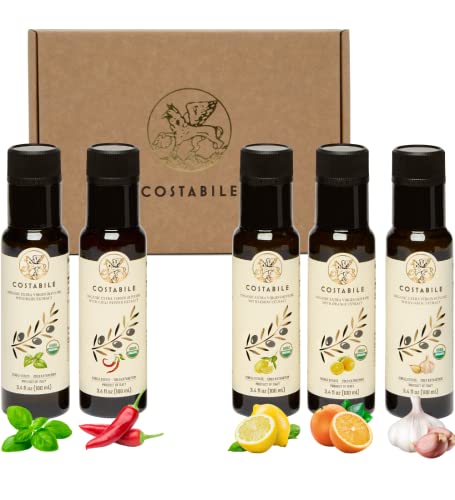 Infused Olive Oil Gift Sets - Organic Puglia Olive Oil Sampler Gift Set. Ideal for Italian Gifts and Edible Gift Baskets. Gourmet Olive Oil Gift Box of 5 x 3.45 Fl.Oz.