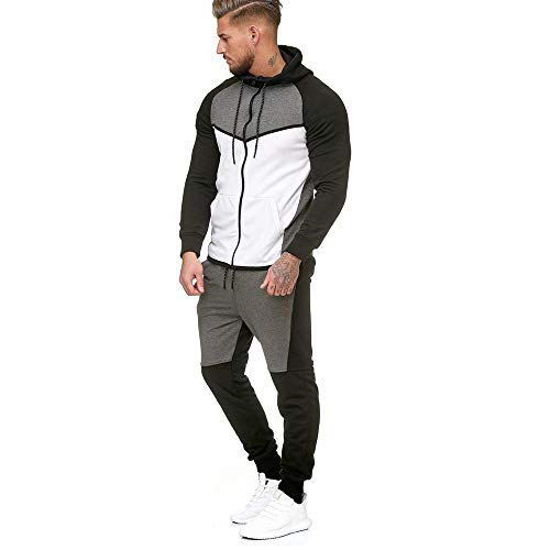 Ensembles de Sport 2 Pièces Homme Contraste Couleur Sweat à Capuche Fermeture éclair Vestes de Sport Pantalon Slim Jogging Gym Survêtement