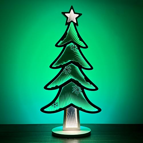 Elumina Decor - Christmas Tree Infinity Mirror Light with Stand - LED Christmas Decoration - USB-Powered - 3D LED Infinity Light - Indoor Seasonal Holiday Decor for Windows or Tables - 16" x 32"