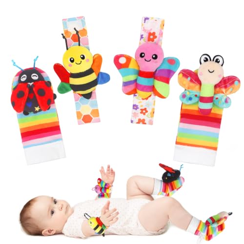 Image of Bloobloomax Baby Rattles Toys for 0-12 Month, Infant Girl Boy Toys for Babies 3-6 Months, Newborn Hand & Foot Toys for 0 to 9 Months, Baby Shower Gifts Set with Wrist Rattle Socks (Pink B-4PCS)