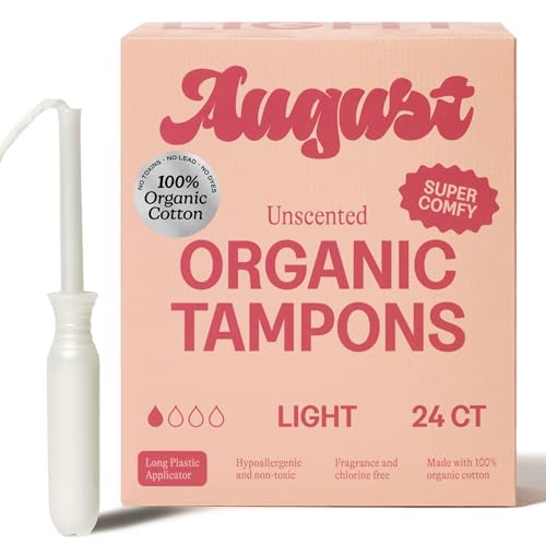 August Light Tampons - Easy-Glide Long Applicators - 24-Pack 100% Organic Cotton Tampons for Women Non-Toxic Fragrance-Free and Hypoallergenic