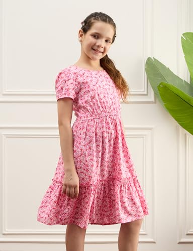 Image of Amazon Brand - Symbol Girl's Rayon Fit and Flare Kids Knee Length Printed Casual Dress (KD-DRG-SS25-123 Navy + Pink 8-10 Years)