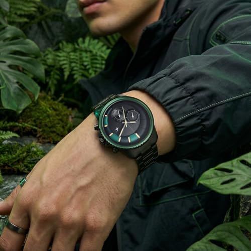 Image of Fastrack Wild Chameleons Back Inspired Bezel with Black and Green Dial IP Black Stainless Steel Strap Watch for Men - 3337KM01