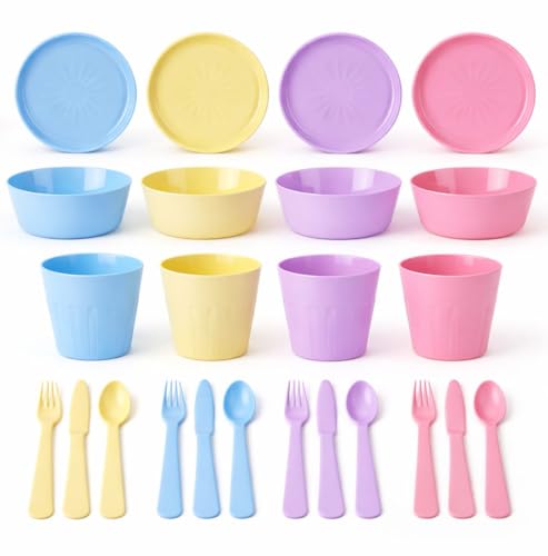 24 Piece Kids Tableware Set BPA Free Plastic Dinner Set with 4 Plates 4 Bowls 4 Cups & 12 Piece Cutlery (Knives Forks Spoons) Reusable Pastel Toddler Dining Set (Pastel)