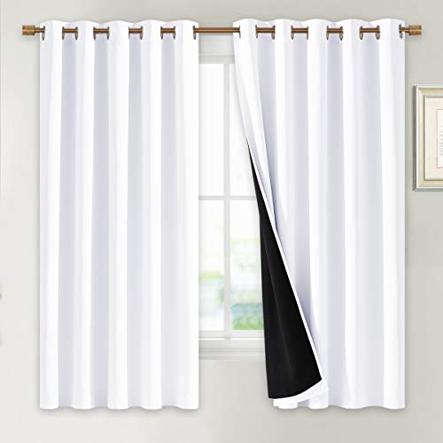 Image of NICETOWN White 100% Blackout Lined Curtains, 2 Thick Layers Completely Blackout Window Treatment Thermal Insulated Drapes for Kitchen /Bedroom (1 Pair, 70 inches Width x 63 inches Length Each Panel)