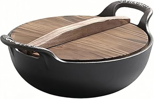 duwanlhridh 鉄鍋 両手鍋 鋳鉄 蓋付き ガス火対応 焦げ付き防止 両耳付き ガスコンロ 深型 卓上鍋 耐久性 ?? 煮る 焼く 炒める 揚げる 湯豆腐 すき焼き おでん うどん ラーメン などに 中華料理 調理鍋 (C,32CM)