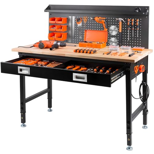 48" Adjustable Work Bench with Drawers, Workbench for Garage with Strip Light, Work Table with Large Pegboard, 2000 LBS Heavy Duty Table with Power Outlet Rubber Wood for Office, Workshop