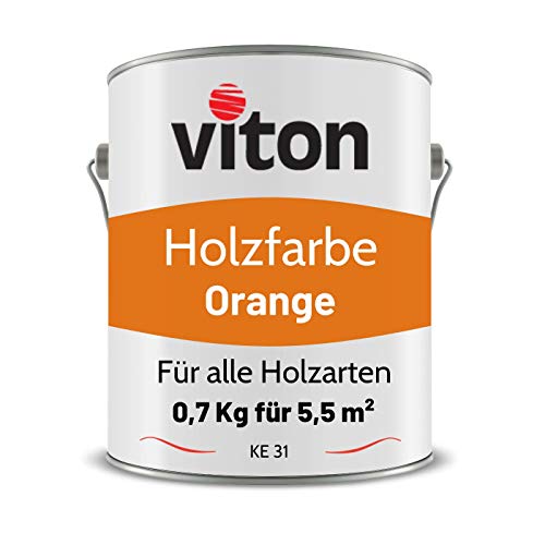 VITON Holzfarbe in Orange - 0,7 Kg Holzlack Seidenmatt - Wetterschutzfarbe für Außen - 3in1 Grundierung & Deckfarbe - Profi-Holzschutzlack - KE31 - RAL 2011 Tieforange