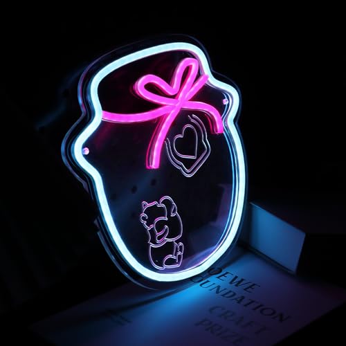 Image of Cute Honey Pot Neon Sign for Wall Decor, Icy Blue & Pink Dimmable LED Signs, 9.5 inch Acrylic USB 5V Light for Kitchen Decor, Bee Lover Gift, Baby Shower, Nursery Room Wall Art