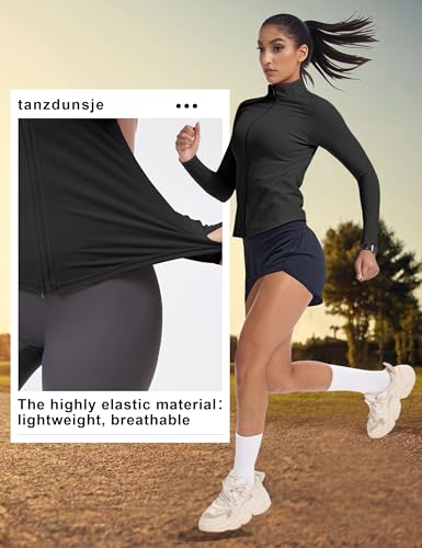 tanzdunsje Laufjacke Sportjacke Damen Enge Langarm,Gym Yoga Pilates Jogging Sportoberteil frauen Trainingsjacke mit Reißverschluss Daumenloch(DE/NL/SE/PL, Alphanumerisch, S, Regular, Regular, Schwarz)