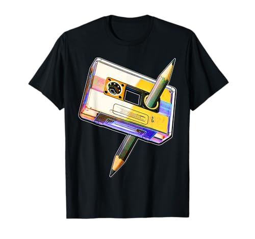 Amante degli anni '80, nastro a cassetta avvolgimento matita, divertimento infantile, ritorno al passato ricordando adolescente, cool abbigliamento anni '80, ama retrò, video arcade cassette nastri, moda anni '80, divertente grafica anni '80, amore cultura popolare classica musica anni '80, anni '90 retrò anni '80