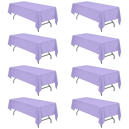 Image of BRILLMAX 8 Pack Lavender Tablecloths 60 x 126 Inch for 8ft Rectangle Tables - 150 GSM Polyester Fabric, 15 inch Standard Drop, Water, Stain & Wrinkle Resistant Cloth Cover for Wedding Dining Buffet