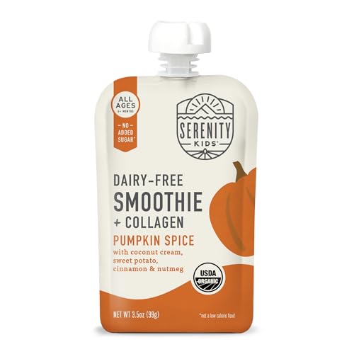 Serenity Kids 6+ Months Pumpkin Smoothie Baby Food Pouches - USDA Organic Pumpkin Spice Smoothie with Grass-Fed Collagen - No Added Sweeteners in Toddler Food - 3.5 Oz, 6 Pack
