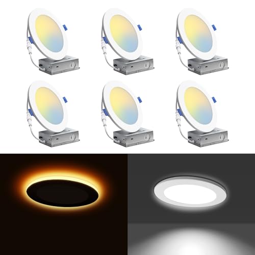 Image of 6Pack 6 Inch Ultra-Thin LED Recessed Ceiling Light with Junction Box and Night Light, 5CCT Selectable, 12W Canless Wafer Downlight, Super Bright 1050LM, Kitchen, Bathroom, Bedroom, FCC&ETL Listed