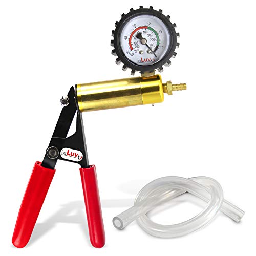 LeLuv Ultima Red Vacuum Pump - Aluminum Alloy &amp; Brass Handle Manual Hand Vacuum (0-30 Hg, 0-760 mmHg), Gauge Installed with Protective Rubber Cover, Rubber Padded Grips with Clear Hose