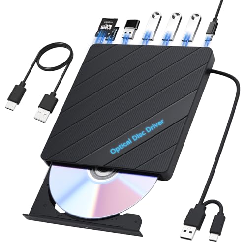 ELUTENG Lector/Grabador de CD/DVD Externo USB 3.0 y Tipo C con Cable USB C de 0.6m, Unidad de CD/DVD Portátil +/ RW para Portátil PC MacBook Windows 11/10/8/7 Mac OS
