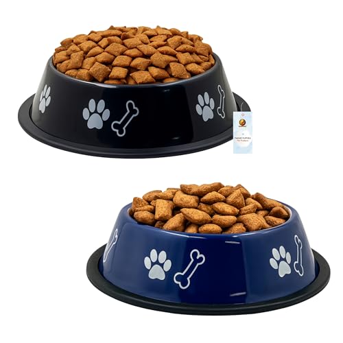 Image of Foodie Puppies Stainless Steel Dog Bowl Combo - (Medium, 700ml) Food and Water Feeding Gift Bowl | Suitable for Dogs, Cats and Other Pets I Paw Bone Print, Anti-Skid Rubber Base (Black + Blue)