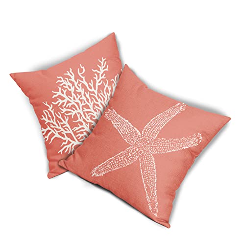 Coastal Coral Throw Pillow Covers 18x18 Inch Set of 2 Starfish Beach Nautical Pillow Covers Summer Farmhouse Pillowscase Linen Square Cushion Covers for Sofa Couch Bedroom Living Room Home Decoration - Image 7