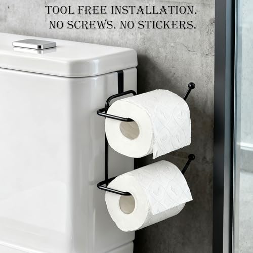 Image of Basicwise 2-pcs Over-The-Side Tank Double Toilet Paper Holder Compact Modern Bathroom Organizer Practical Storage Rack for Extra Rolls Quick & Easy Access for Everyday Use Neat Space Accent, Black