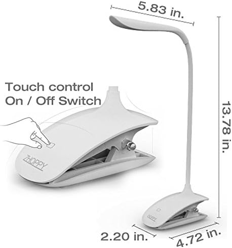 LED Desk Lamp, ZHOPPY Dimmable Clip On Bedside Lamp Table Lights with Clip-On Clamp - Reading Book Light, Eye-care, Portable, USB Rechargeable, Gooseneck Tube Touch Control Light (White)
