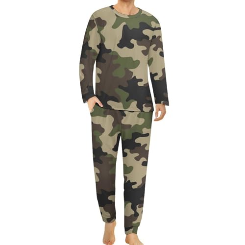 Men's Pajama Suit Army Camo Green Sleepwear Long Sleeve Top & Bottom Pant Loungewear PJ Set Cozy Nightwear