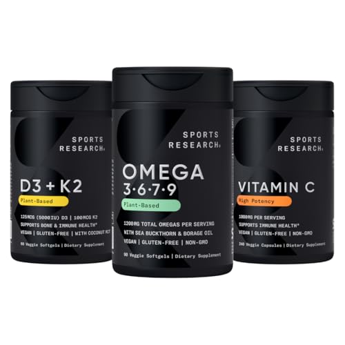 Sports Research® - Vegan Multi-Spectrum Omega 3-6-7-9 + Vitamin D 5000iu & Mk7 Vitamin K 100mcg + Vitamin C 1000mg