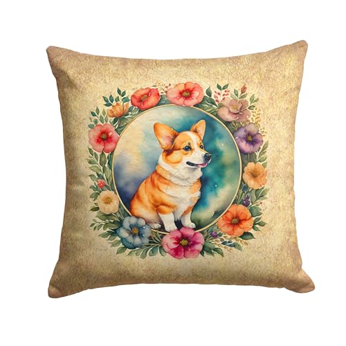 Caroline's Treasures DAC2123PW1414 Corgi and Flowers Fabric Decorative Pillow Machine Washable, Indoor Outdoor Decorative Pillow for Couch, Bed or Patio, 14Hx14W