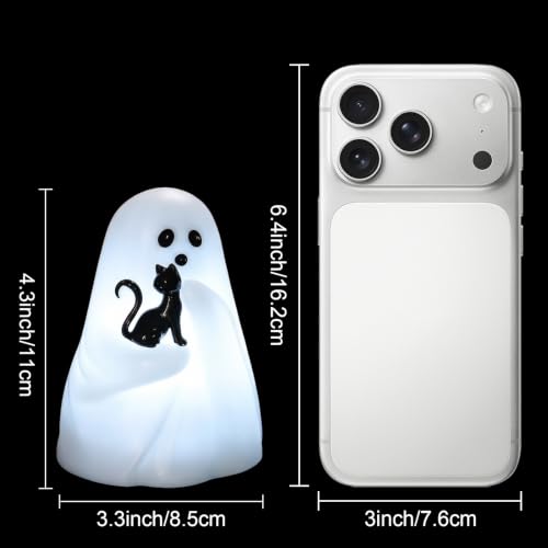 Image of Halloween Ghost Flameless Real Wax Candles Battery Operated with Timer | White, 3D Wick Flickering, 6H Timer, LED Light, Bat & Cat Ghost Halloween Decor & Gift, 3.3 inch x 4.3 inch, 2 pack
