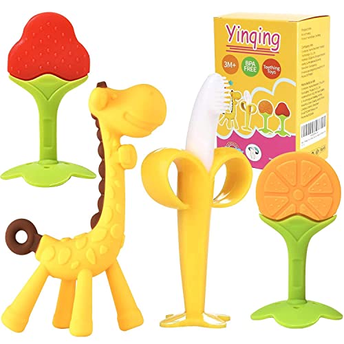 Image of Baby Teething Toys, Silicone Baby Teether Soothe Babies Gums, Banana Toothbrushes, Fruit Shape Giraffe Teething Toys with Storage Case/Bpa-Free Teether Set for Toddler 4 Pack
