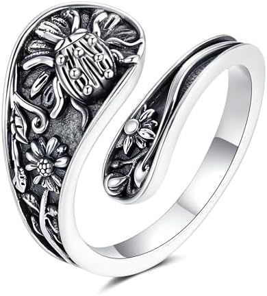Skull Ring 925 Sterling Silver Spoon Rings Gothic Skulls Adjustable Bow Ladybug Sunflower Rose Flower Statement Ring Vintage Victorian Jewelry for Women