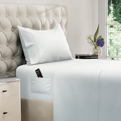 Image of DREAMCARE Twin XL Sheet Sets - 3 pcs Breathable Cooling Sheets - up to 15 inch Deep Pocket Twin XL Sheets Set with Side Pockets - Extra Soft 100% Brushed Hypoallergenic Hotel Luxury Bedding - White
