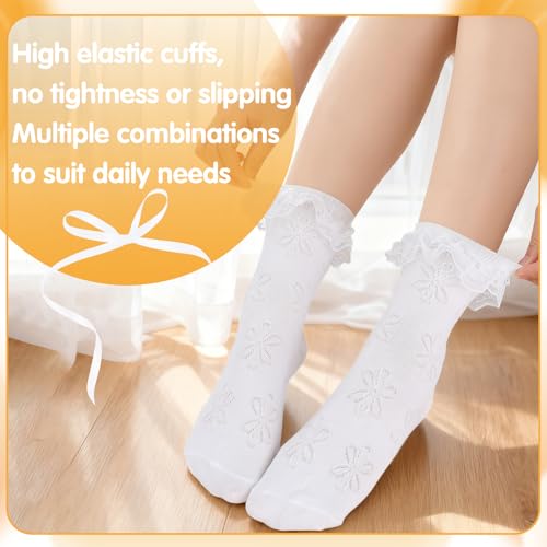 Image of Jspupifip 6 Pairs Lace Ruffle Frilly Crew Socks for Women Girls | Cotton Breathable Cute Princess Ankle Dress Lace Socks Thin Cool Casual Socks