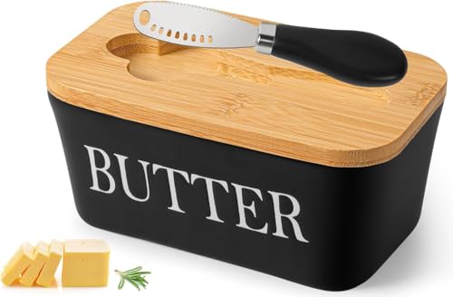 Burriera in Ceramica, Portaburro con Coperchio in Legno e Coltello da Burro, Porta Burro da Frigorifero 250 g, Grande Vassoio per Burro, per Cucine Domestiche, Ristoranti (Nero)
