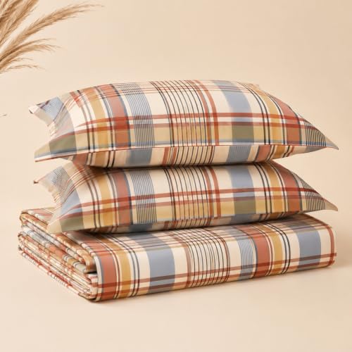 Image of BSB HOME 240 TC Cotton Feel Bedsheet with 2 Pillow Covers, Soft & Breathable Printed Double Bed Sheet for Bedroom, Fade Resistant & Easy Care - 90 x 100 Inches (228 x 254 cm) - Chambray Blue Plaid