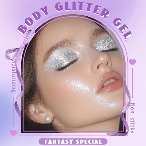 HOSAILY Roll-on Holographic Body Glitter Gel for Face Hair, Chameleon Color Changing Glitter Gel Under Light, Chunky Mermaid Sequins Festival Party Rave Accessories Shimmer Makeup (Silver)