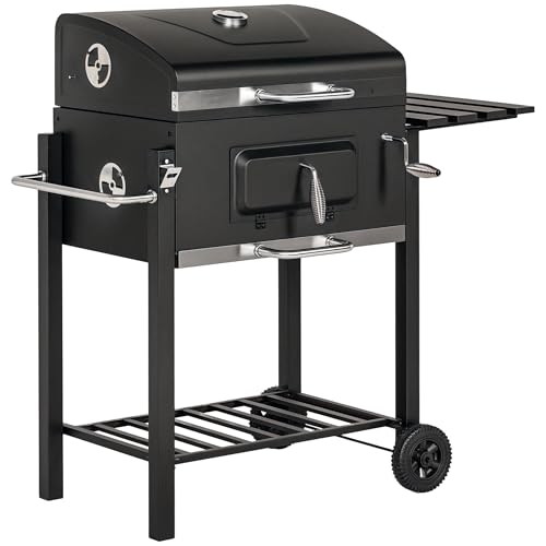 Outsunny Carro para barbacoa de carbón con rejilla de carbón ajustable, barbacoa de metal para jardín con estante, mesa auxiliar, ruedas, termómetro integrado, abridor de botellas